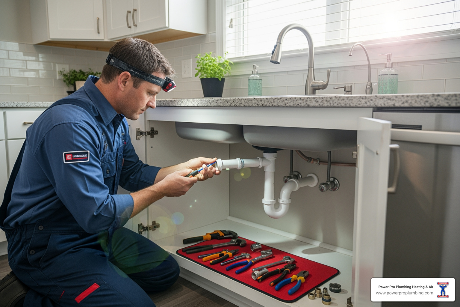 A repaired kitchen sink with new shut-off valves and braided lines under the counter